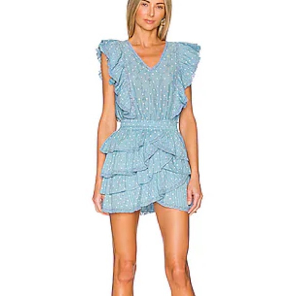 LoveShackFancy Blue Asymmetrical Ruffled Mini Dress